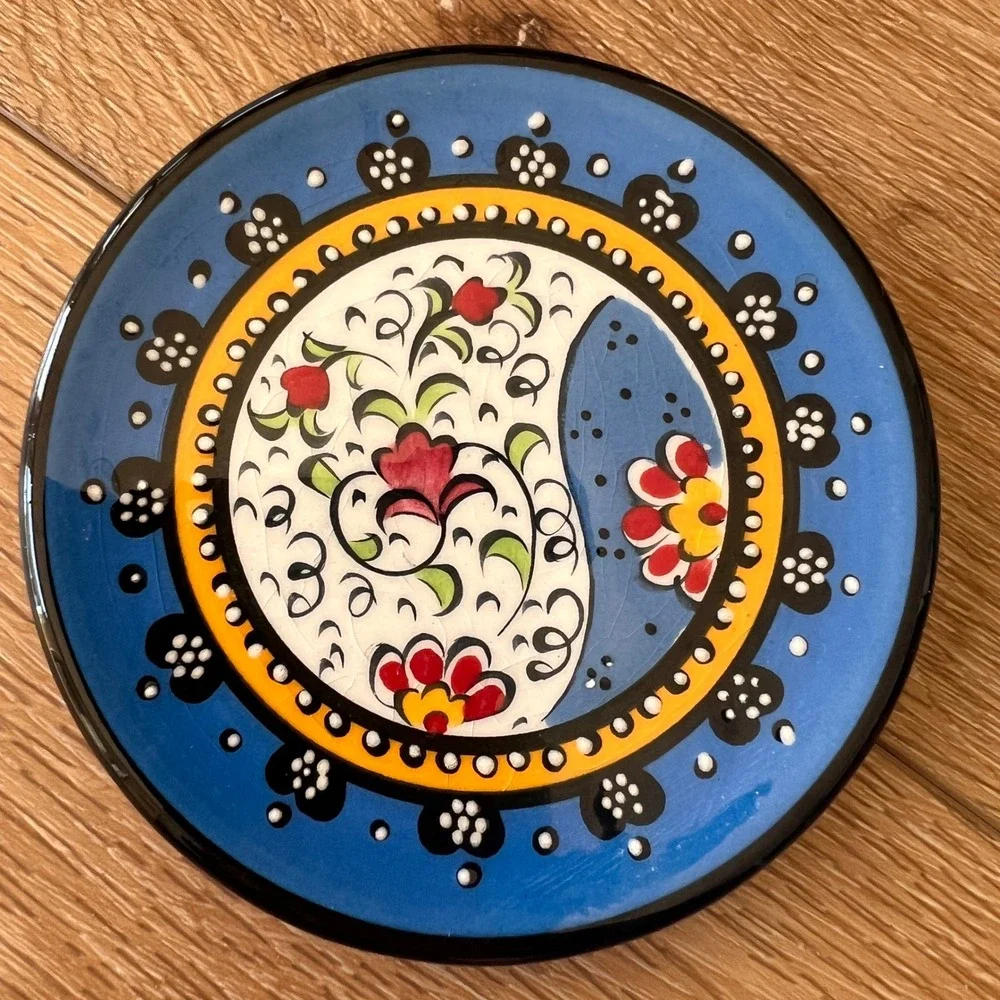 Artecer Hand Made Spanish Ceramic Plated Set of 2 Floral Cuerda Seca 4.25 Inch